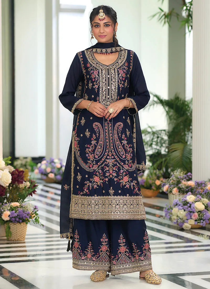 Classic Navy Blue Embroidered Traditional Palazzo Suit Manchester