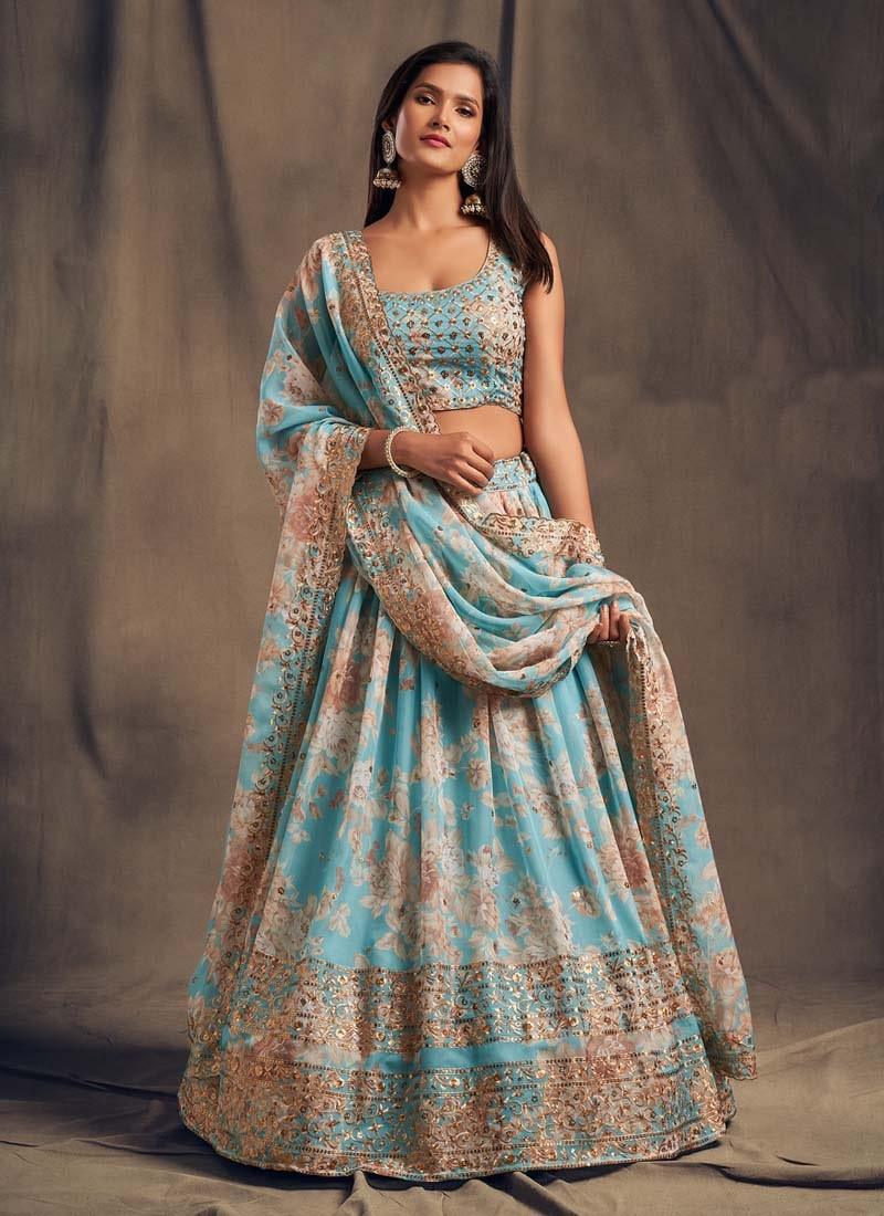 Splendid Look Sky Blue Color Sequins Work Organza Base Printed Lehenga Pictures Cheap Pice