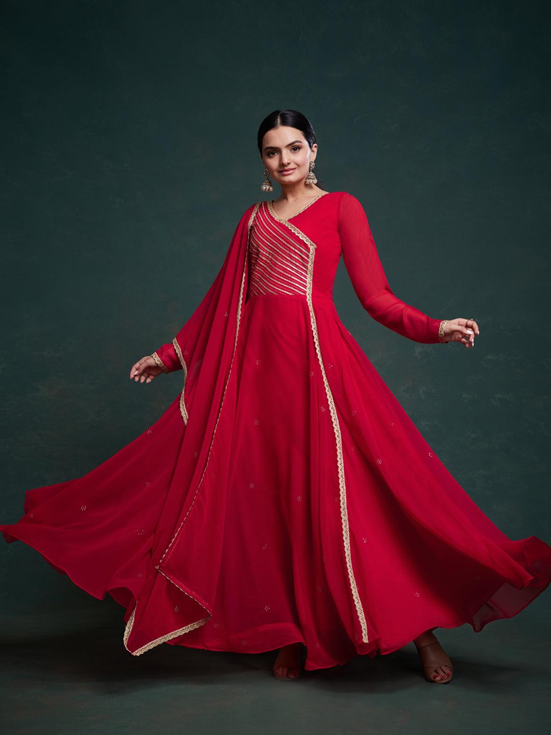 Red color gotta patti gown with dupatta Low Shipping Fee Online