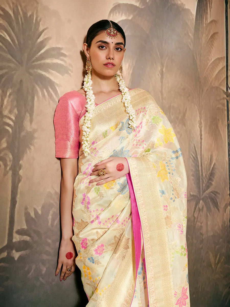 Superb Off-White Paithani Banarasi Silk Saree with Floral Motifs Sale Low Shipping Fee