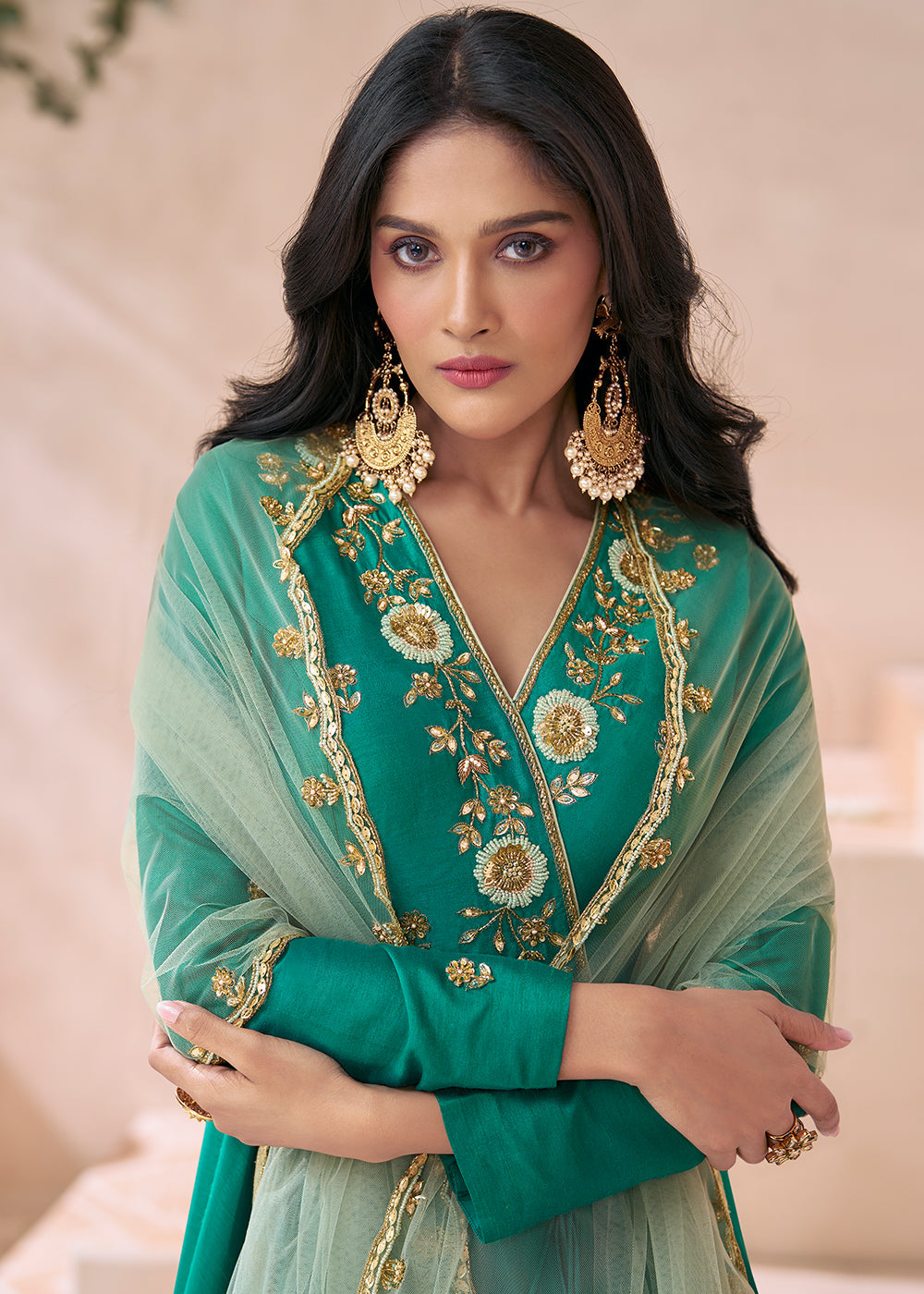 Elegant Cyan Green Pure Silk Embroidered Anarkali Suit Newest Online