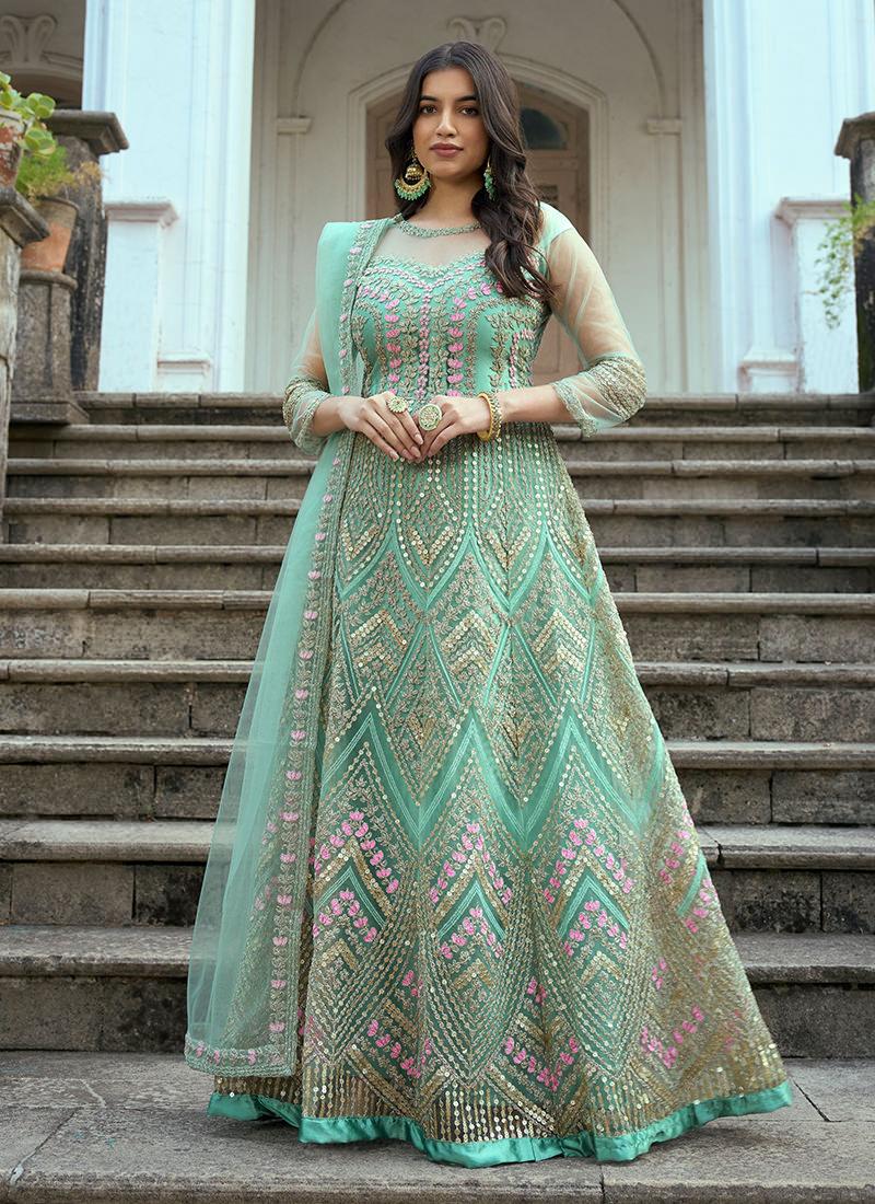 Resham Work Sea Green Net Anarkali Cheap Store