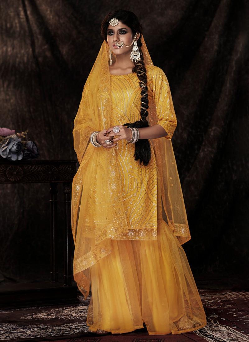 Mustard Yellow Color Net Base Sharara Suit With Sequins Work Free Shipping Release Dates