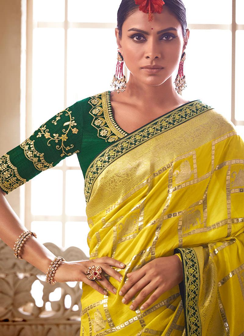 Embroidered Blouse Lemon Yellow Silk Saree Low Cost