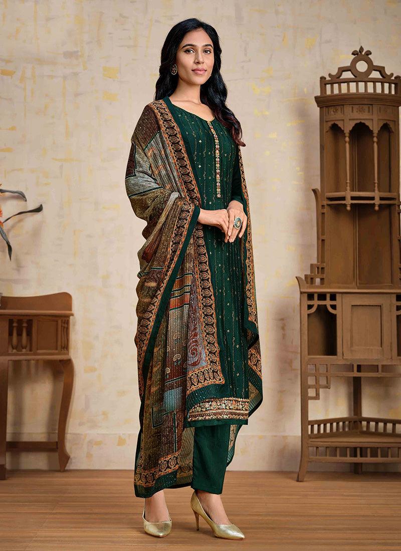 Dark Green Color Chinnon Fabric Swarovski Salwar Suit With Matching Dupatta Really Cheap