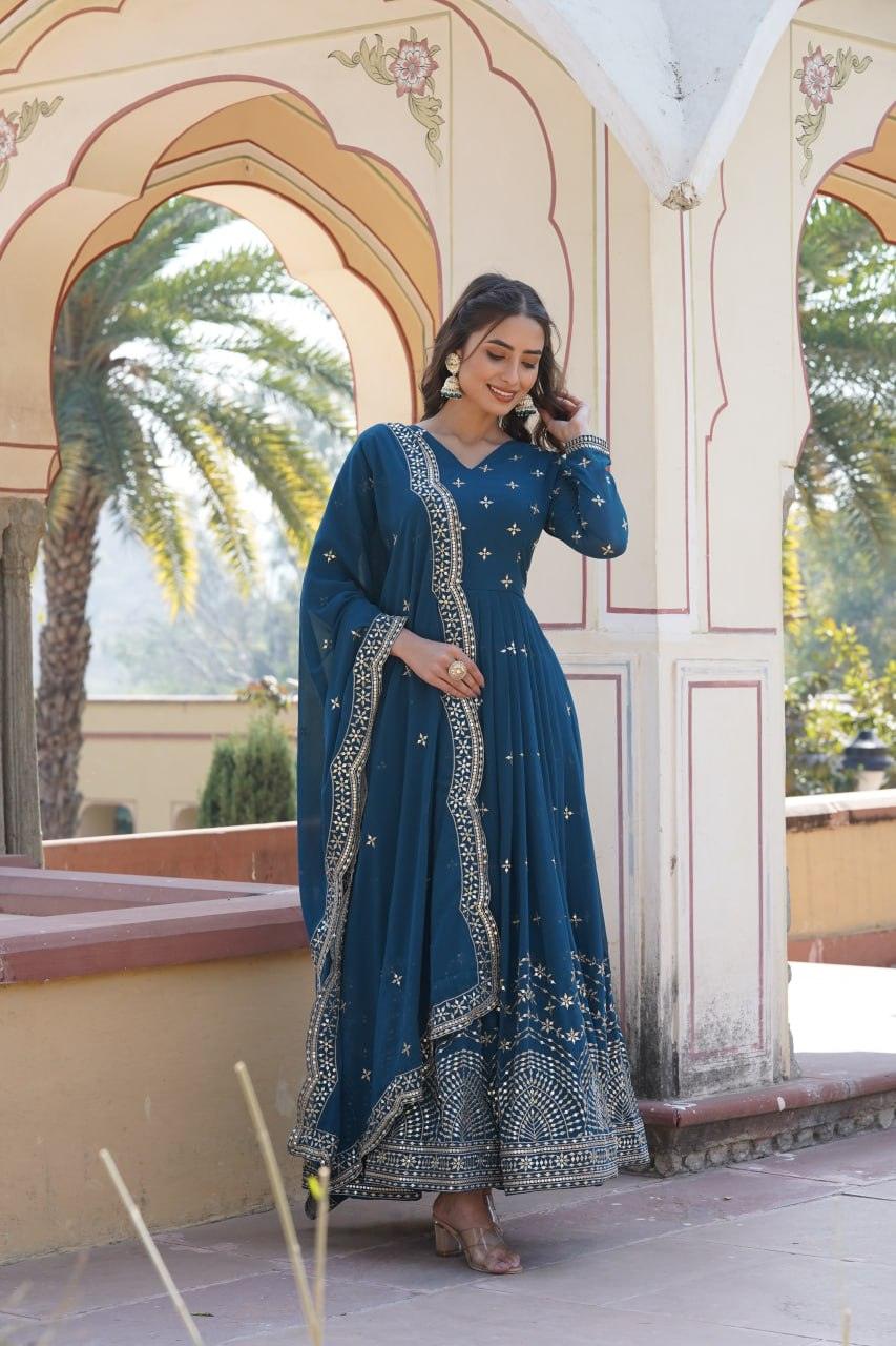 Amazing Faux Georgette Zari Sequins Worked Gown With Dupatta Brand New Unisex Cheap Online