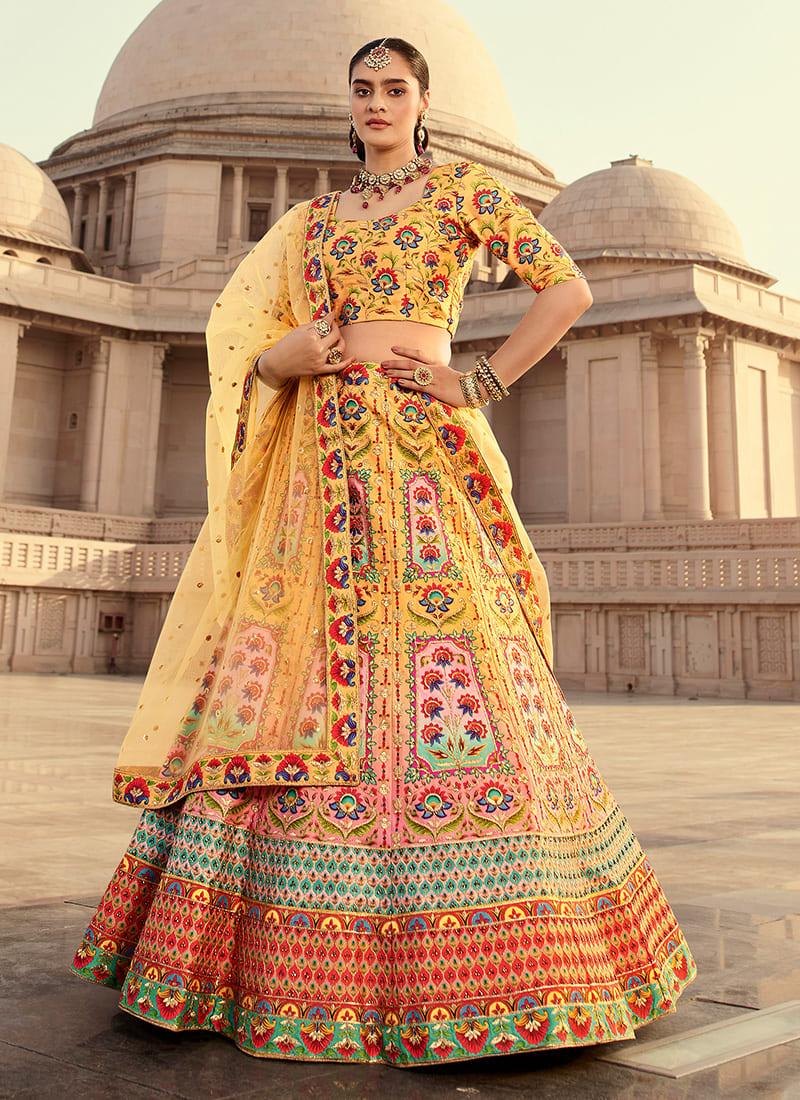 Yellow Color Art Silk Base Heavy Embroidery Work Printed Lehenga Choli Store Online