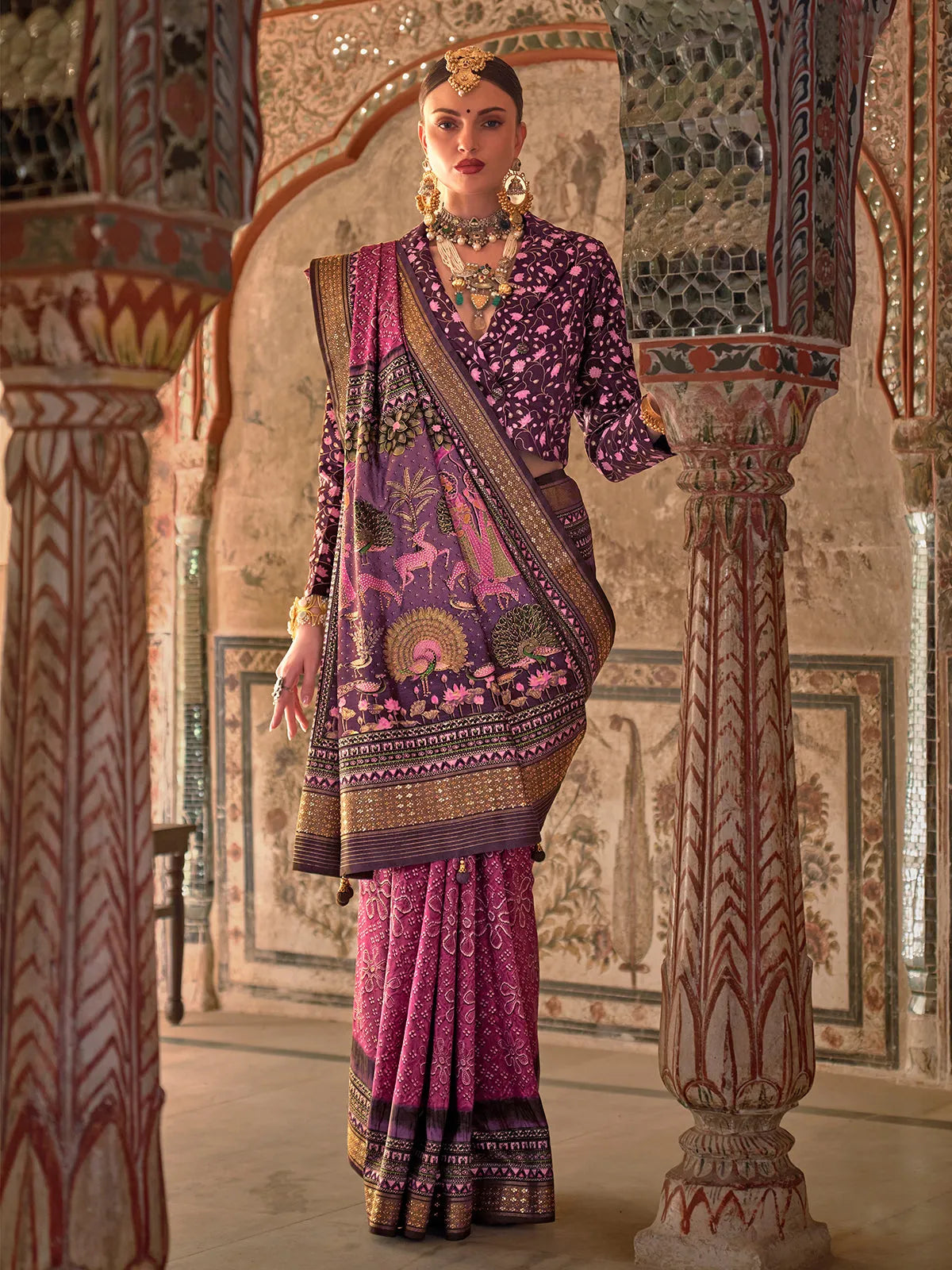 Dazzling Deep Pink Designer Rajwadi Printed  Silk Saree Really For Sale