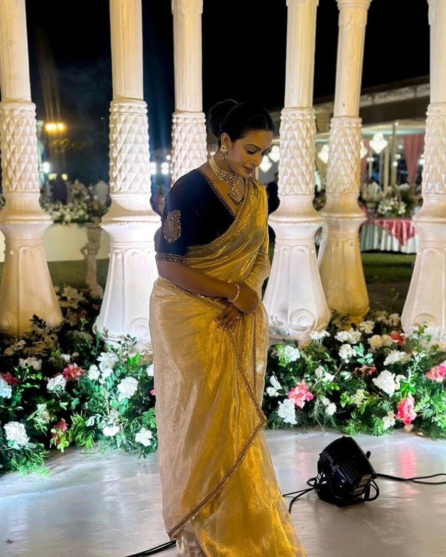 Cream Silk Saree with Maroon Velvet Blouse and Gold Embroidery Pay With Visa