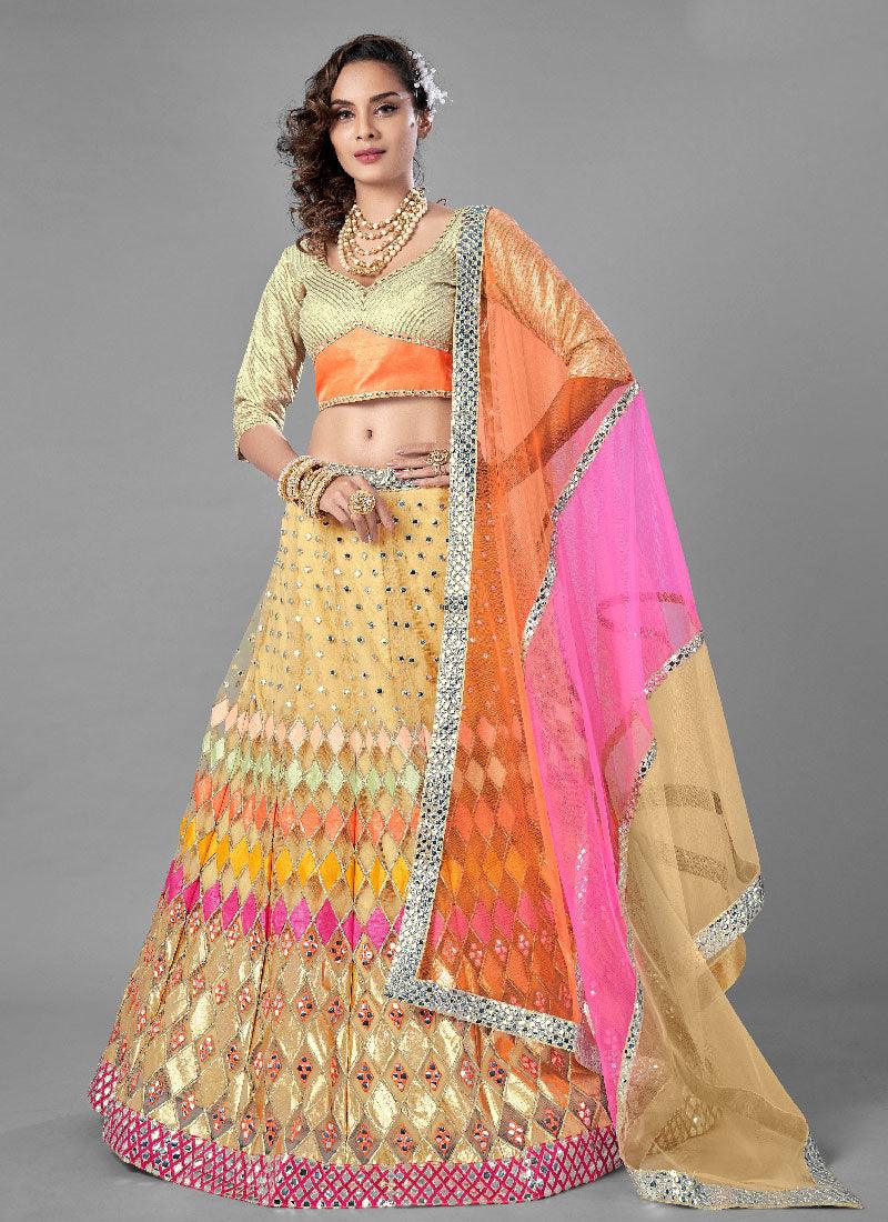 Beige Color Soft Net Base Flared Lehenga With Heavy Work Choli Clearance Sast