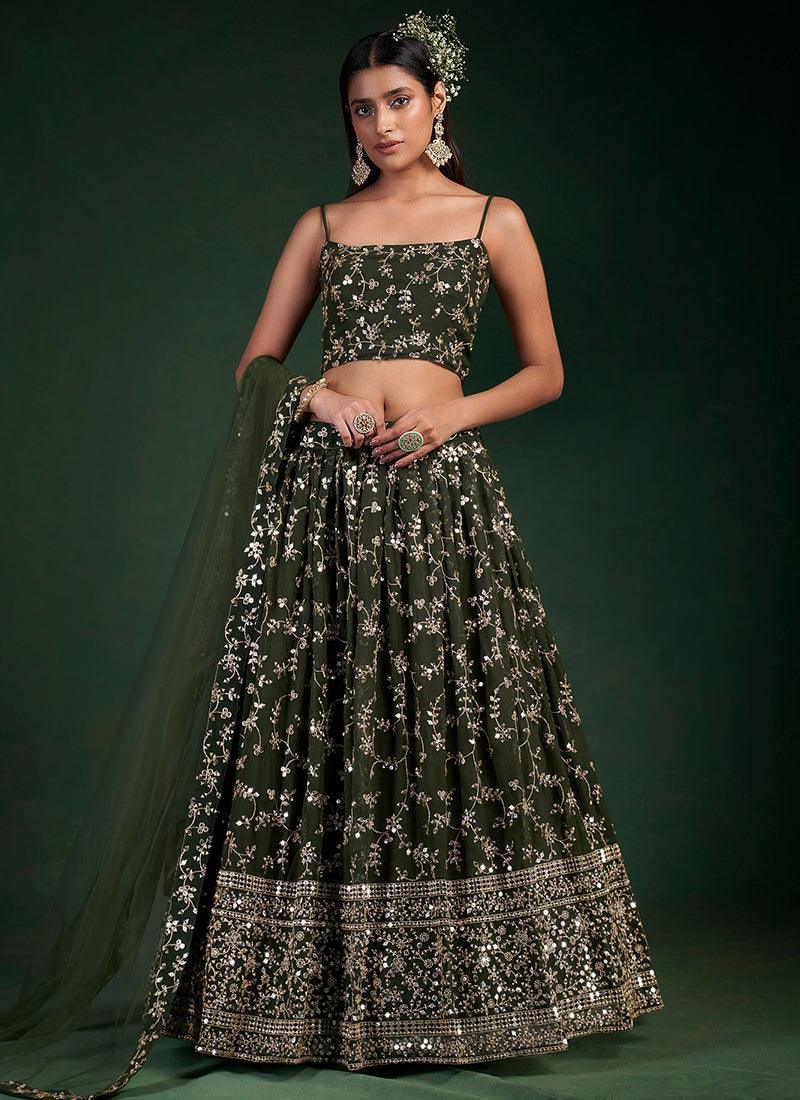 Spaghetti Strap Green Georgette Lehenga Cheap Sale Marketable