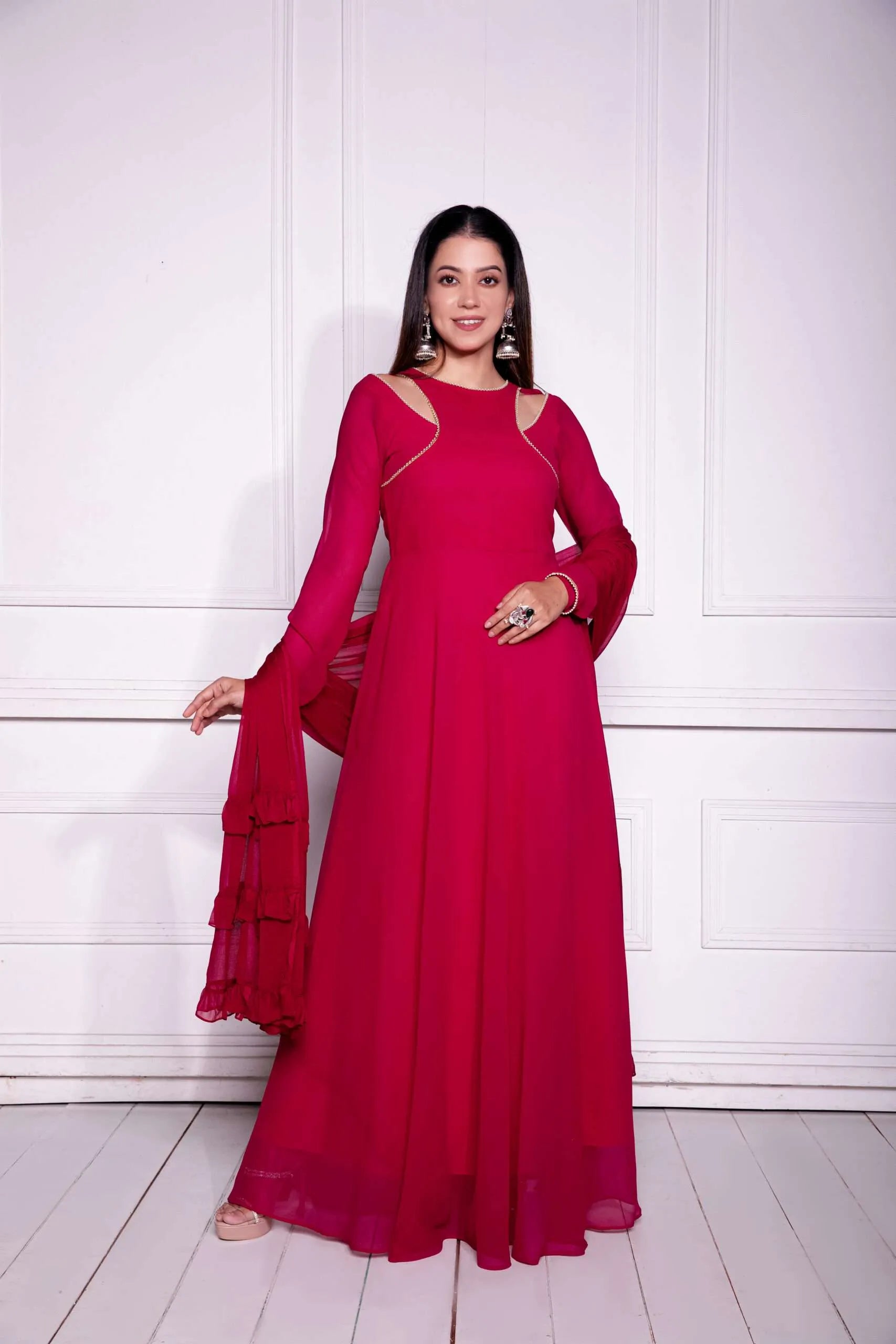 Red Georgette Fancy Neck Styled Fully Stitched Designer Gown Cheap In China