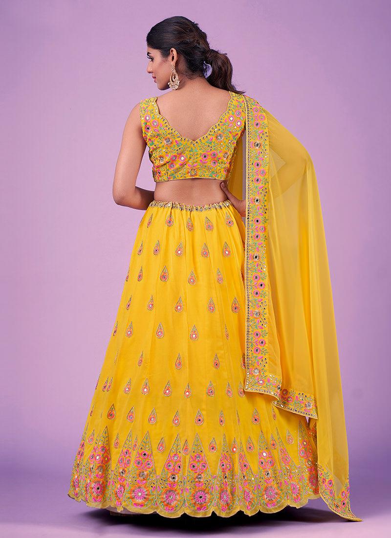 Thread With Mirror Yellow Georgette Chaniya Very Cheap