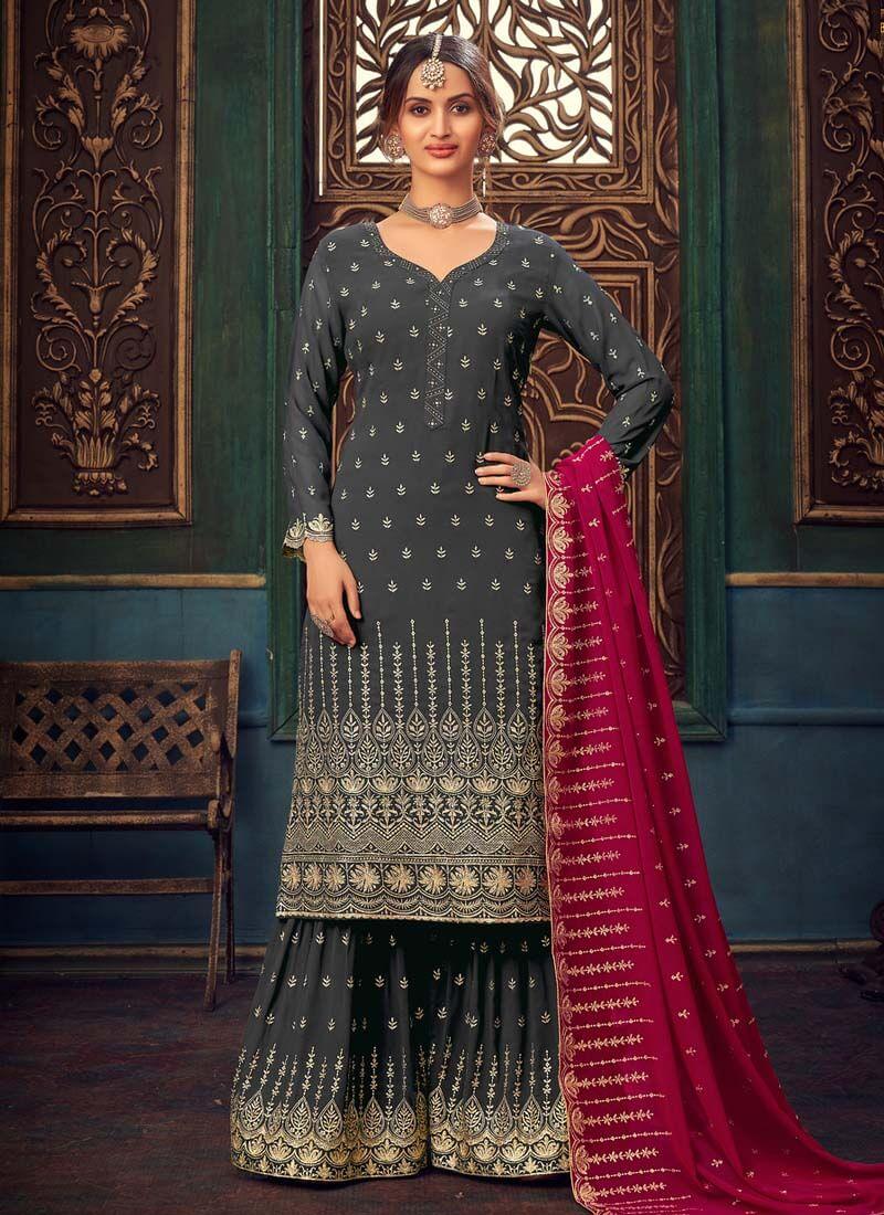 Exquisite Grey Color Georgette Fabric Stone Work Sharara Salwar Suit Cheap Sale Buy