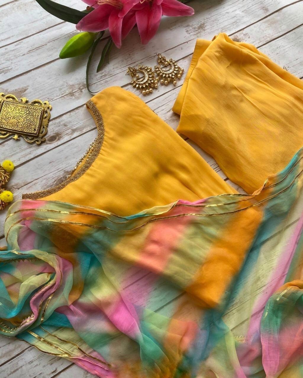 Yellow Zari Neck Embroidered Pure Satin Georgette Top Dhoti Suit Comfortable Cheap Pice