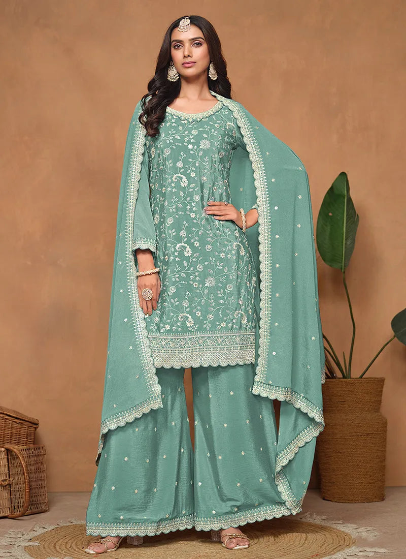 Teal Blue Chinon Festival Wear Top Palazzo Suit Recommend Cheap Pice