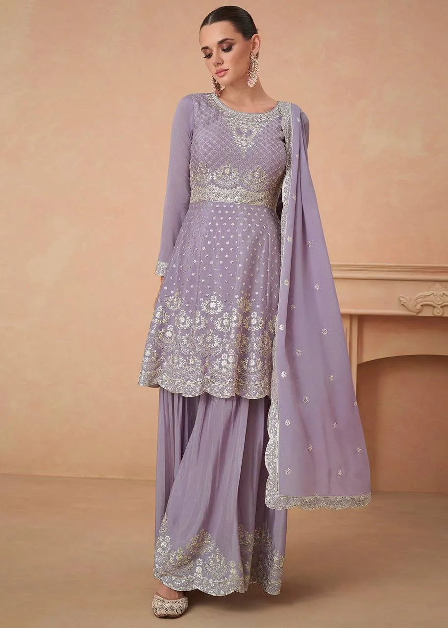 Luxurious Lavender Chinon Embroidered Sharara Suit Free Shipping Online