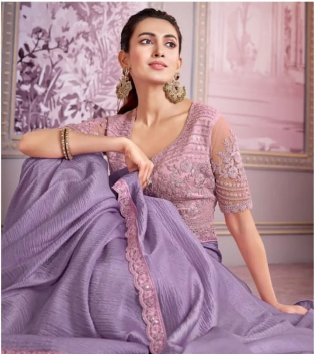 Luxurious Lavender Tissue Crush Embroidered Saree 2025 Newest Online