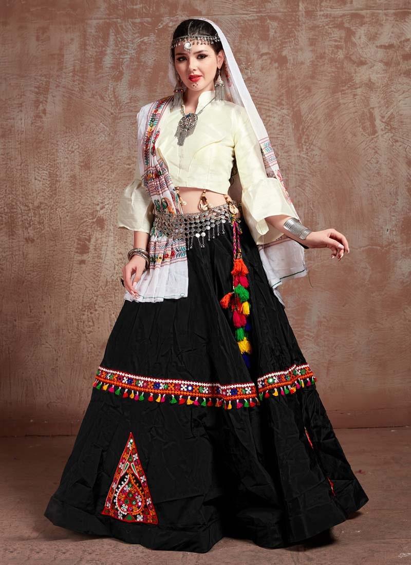 Black And Cream Color Taffeta Silk Base Mirror Work Navratri Special Lehenga Choli Sale Genuine