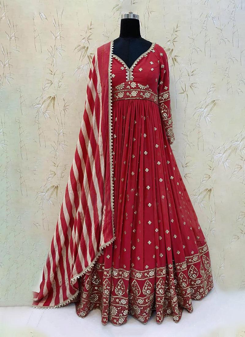 Red Color Georgette Base Sequins And Mirror Work Gown With Printed Dupatta Clearance Amazon