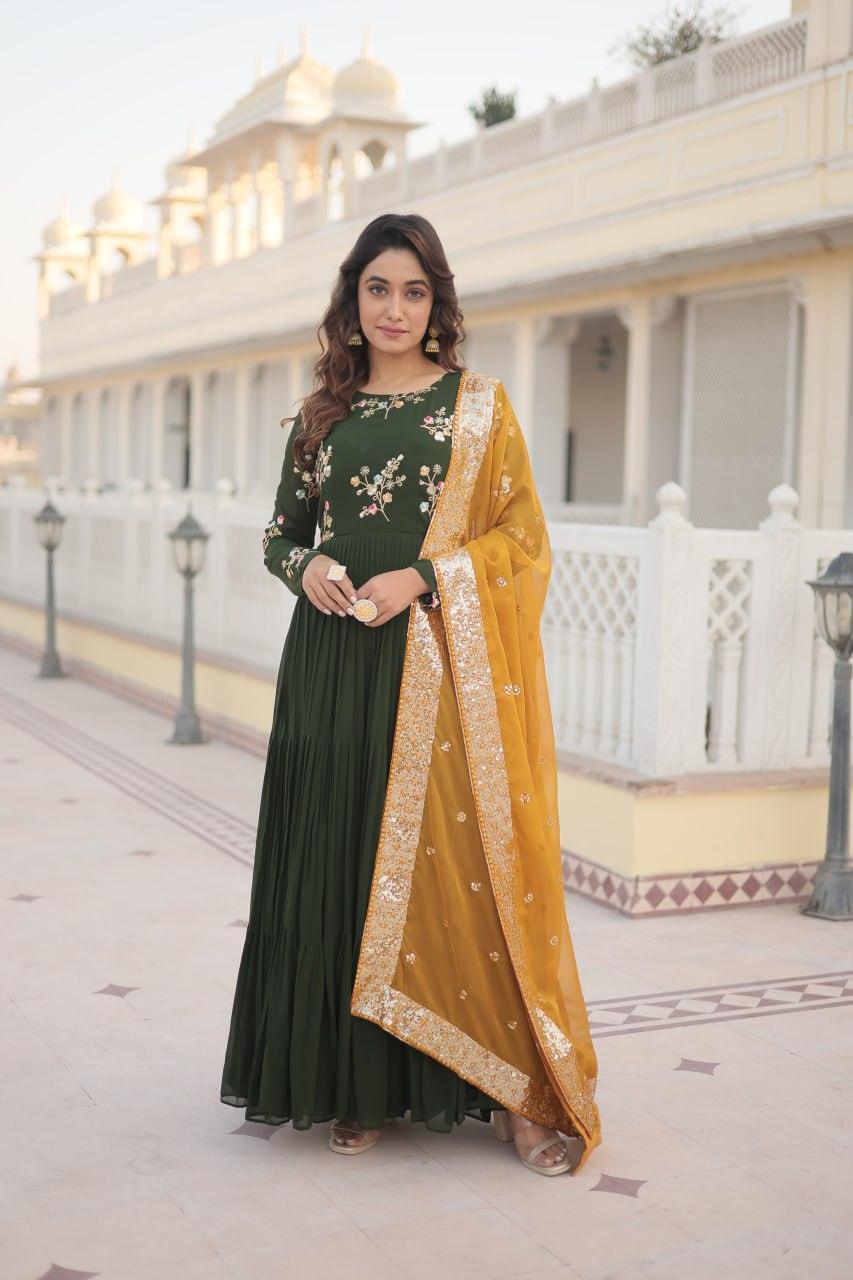 Green Georgette Embroidered Gown with dupatta Order Cheap Online