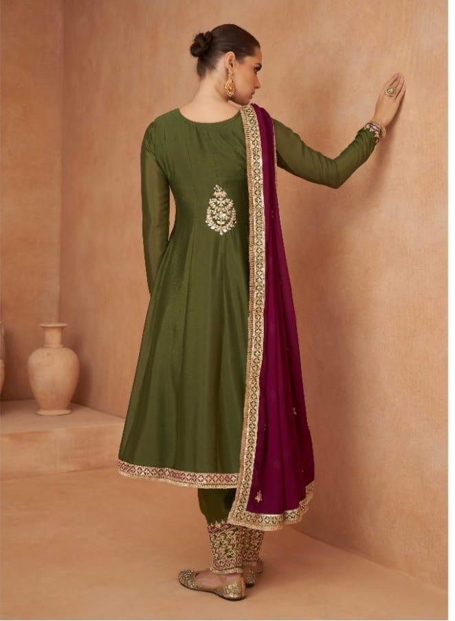 Green silk Embroidered and sequined pant style suit with dupatta Cheap Newest