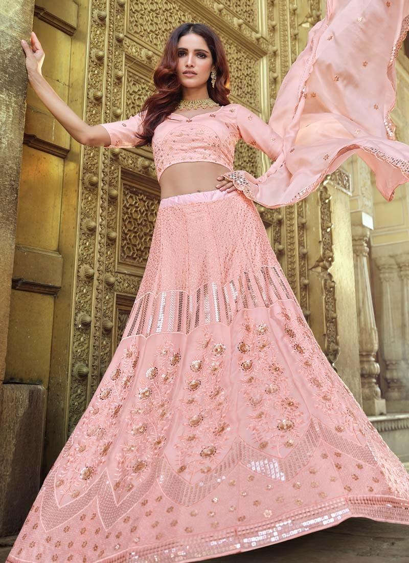 Gorgeous Sequins Work Peach Color Georgette Fabric Flared Lehenga Choli Shipping Discount Authentic