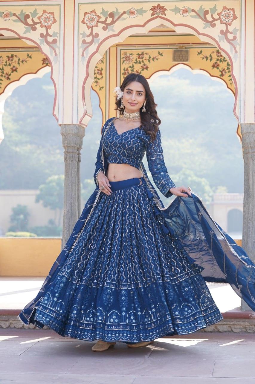 Alluring Faux Georgette Heavy Sequins Thread Embroidered Lehegna Choli Set Best For Sale