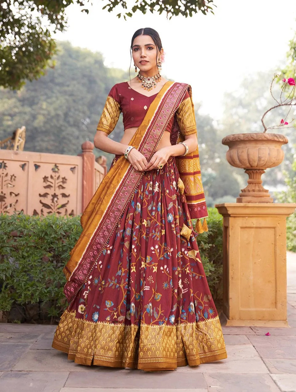 Lovely Maroon Tussar Silk Minakari Printed Lehenga Choli For Sale Free Shipping