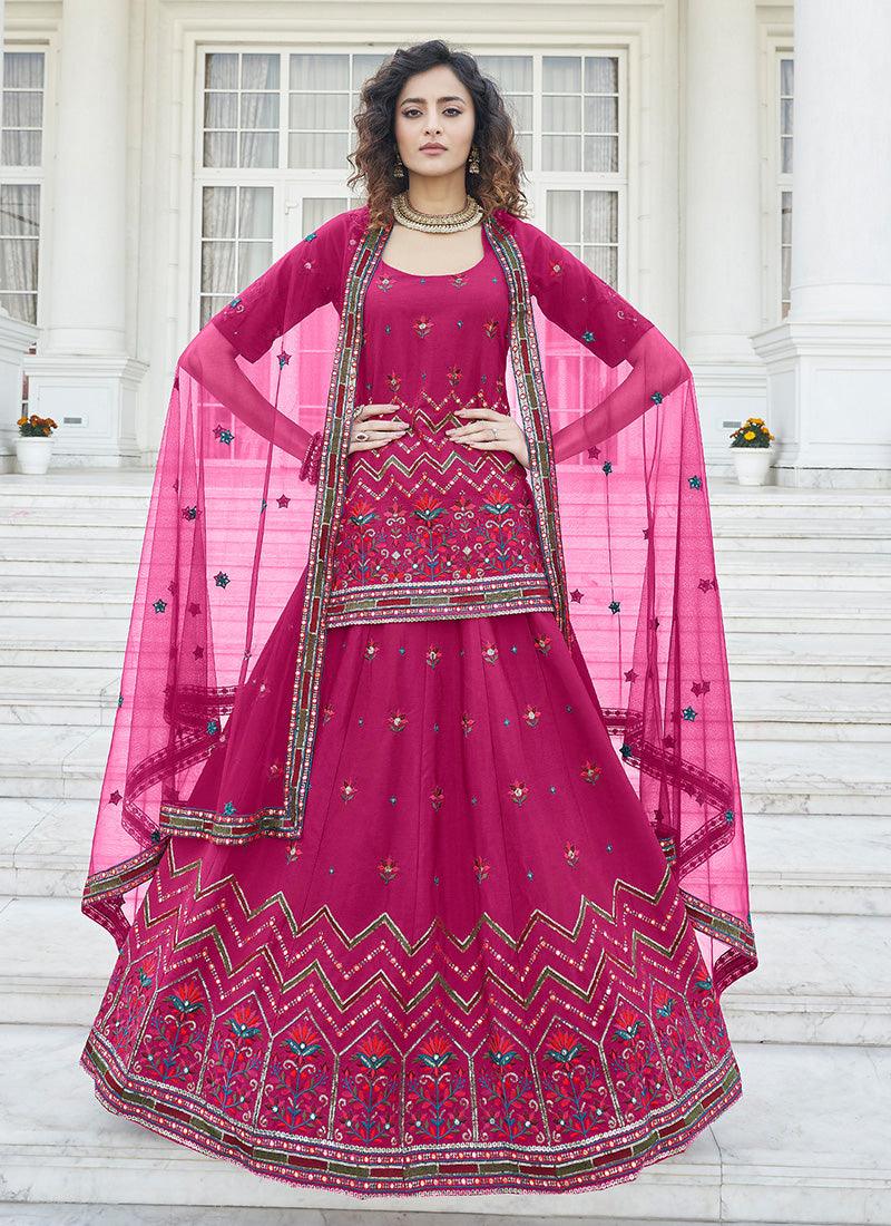 Chiffon Base Pink Long Top With Lehenga Cheap Sale Free Shipping