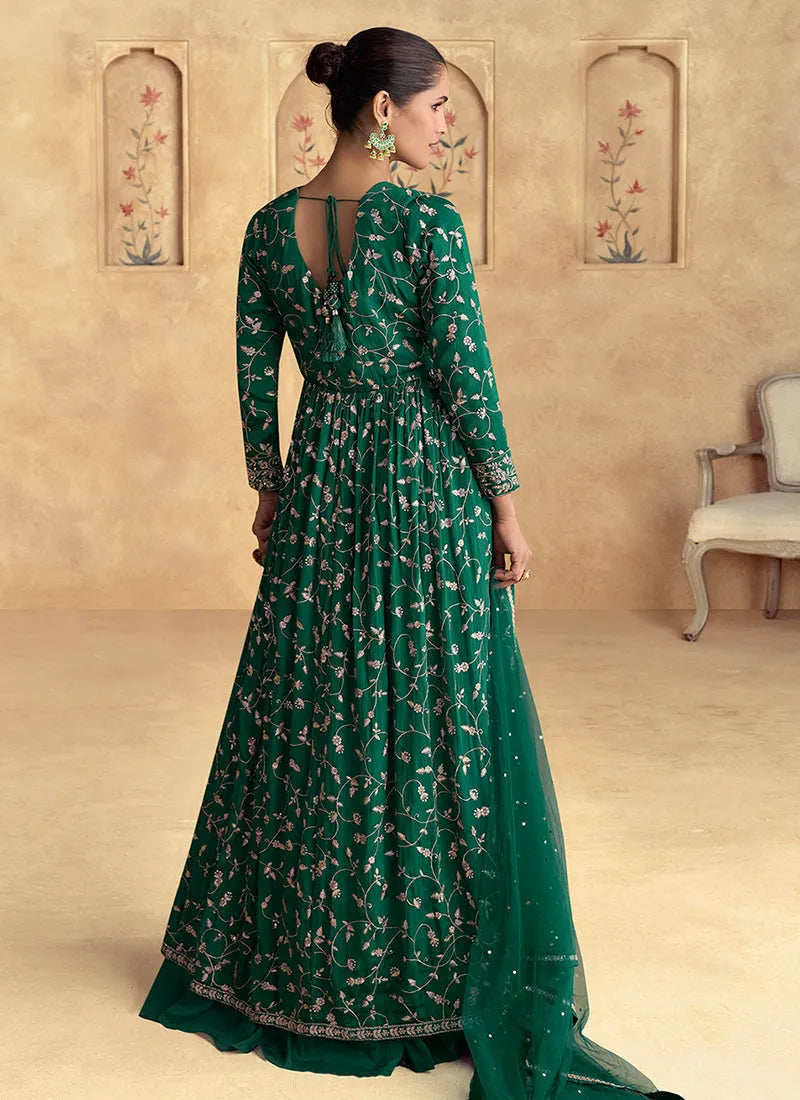 Formidable Dark Green Embroidered Anarkali Style Lehenga Cheap Low Shipping