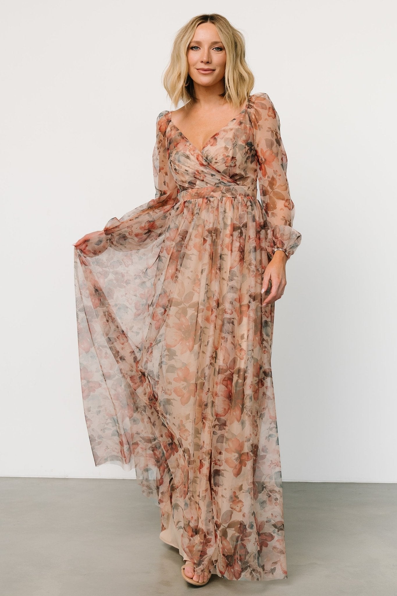 Desiree Tulle Maxi Dress | Taupe Floral Top Quality For Sale