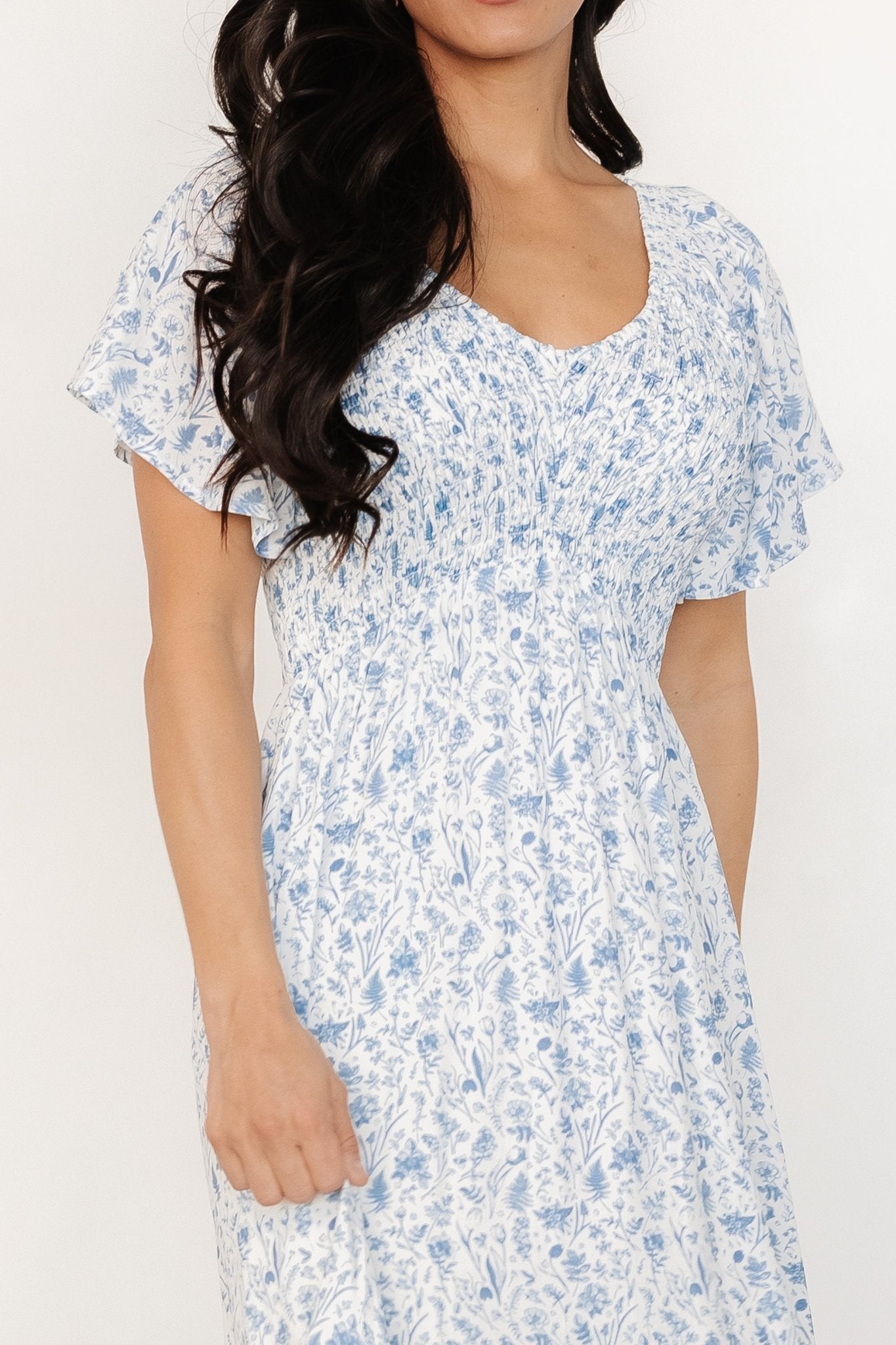 Joanie Smocked Dress | White + Blue Floral Deals Cheap Online