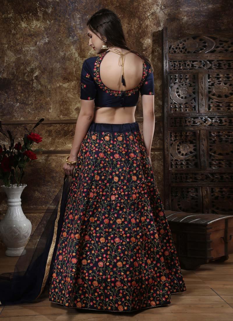 Heavy Resham Work Navy Blue Color Taffeta Silk Base Lehenga Choli Sale Sast