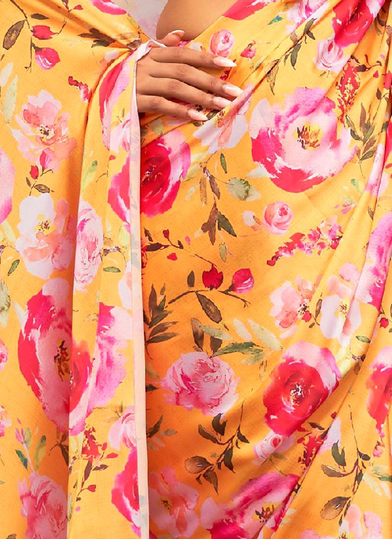 Yellow Satin Crepe Floral Saree Free Shipping View