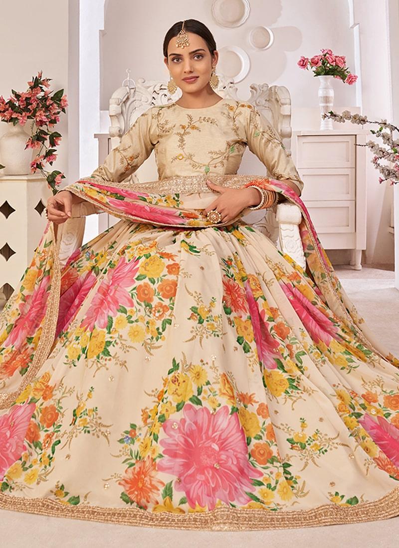 Cream Color Georgette Material Floral Print Lehenga Wide Range Of Cheap Online