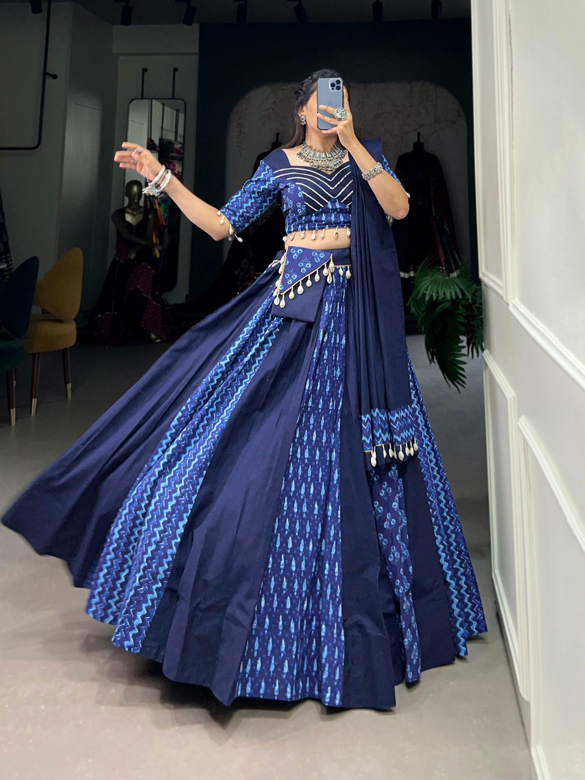 Blue Colored Pure Cotton Printed Navratri Lehenga Choli Set Limited Edition