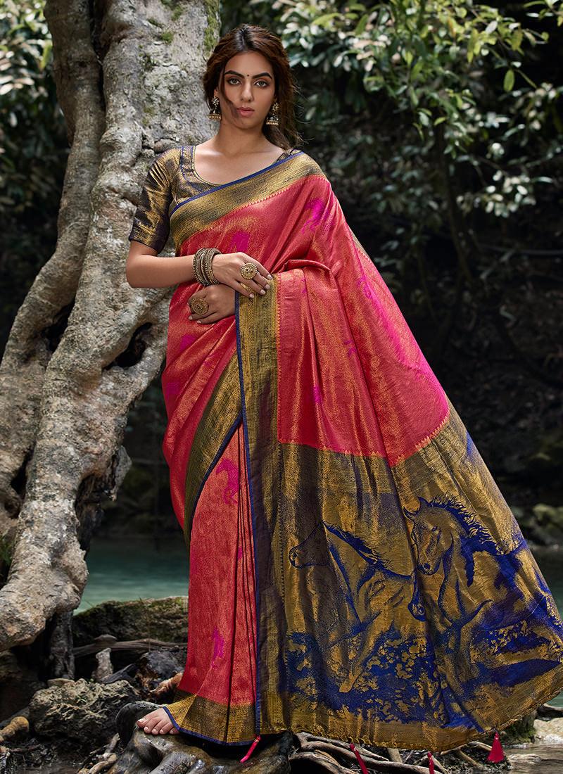 Silk Weave Two Tone Pink Kanjivaram Saree Best Seller For Sale