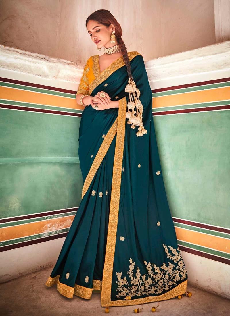 Amazing Teal Blue Color Silk Base Saree With Lace And Sequins Work Purchase Sale Online