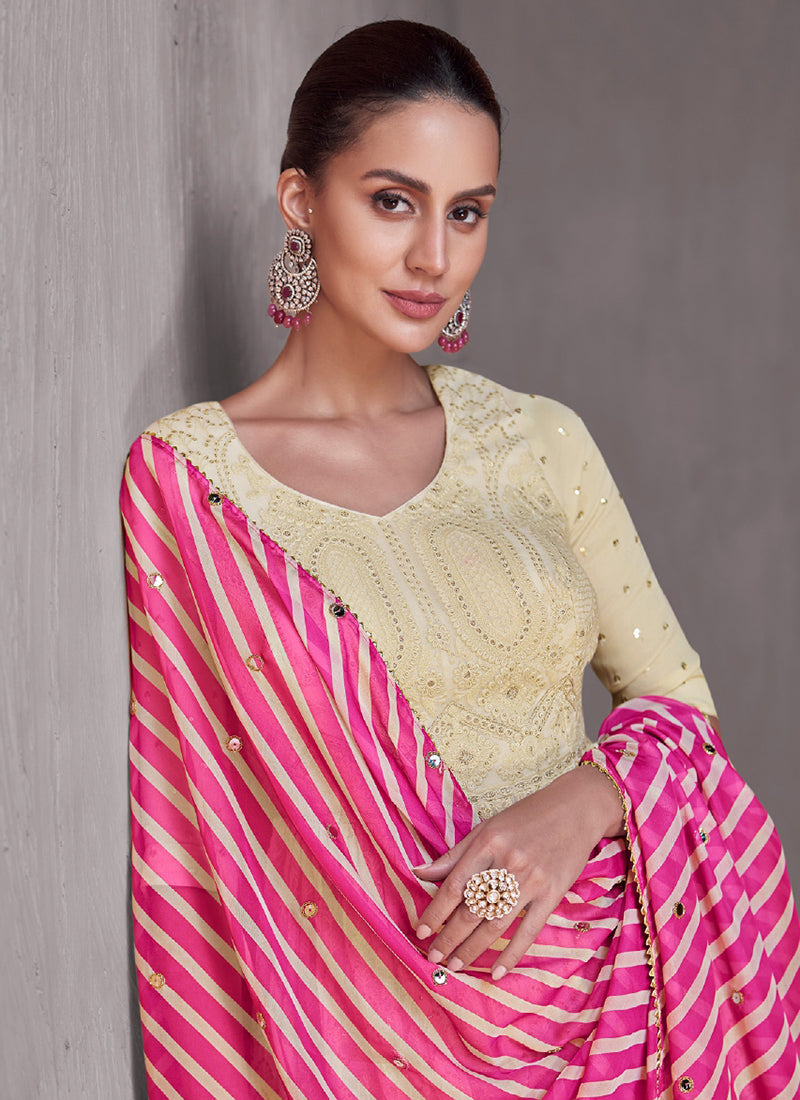 Cream And Pink Lucknowi  Embroidery Sharara Suit Best Store To Get Cheap Online