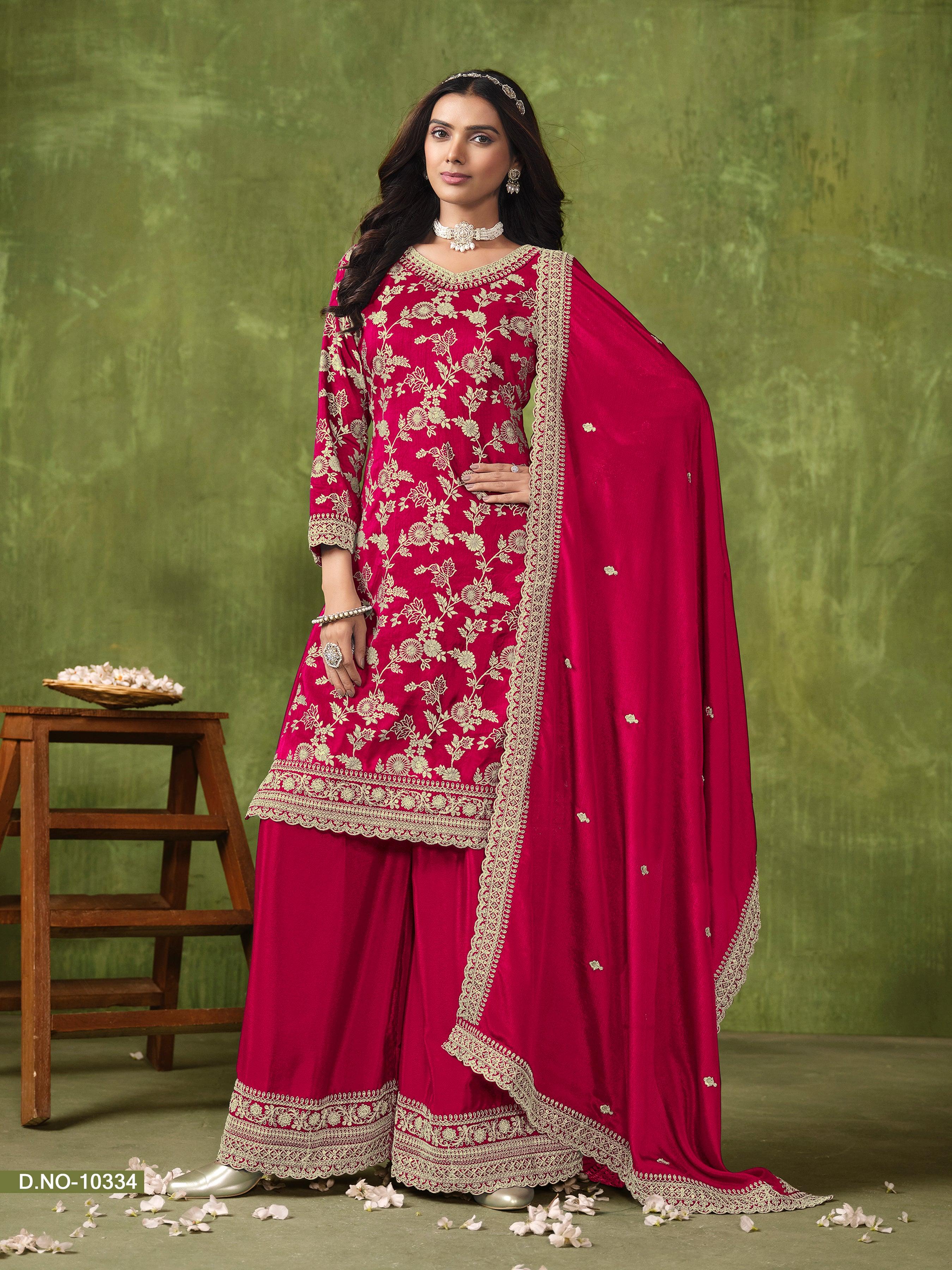 Red Event Wear Dola Silk Jacquard Top Palazzo Suit With Credit Card