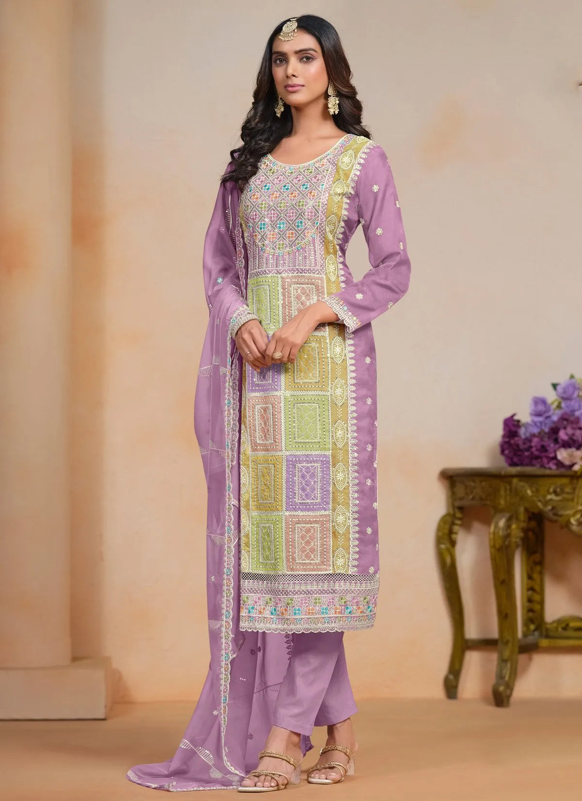 Magnificent lavender Embroidered Work Organza Salwar Kameez Discount Best