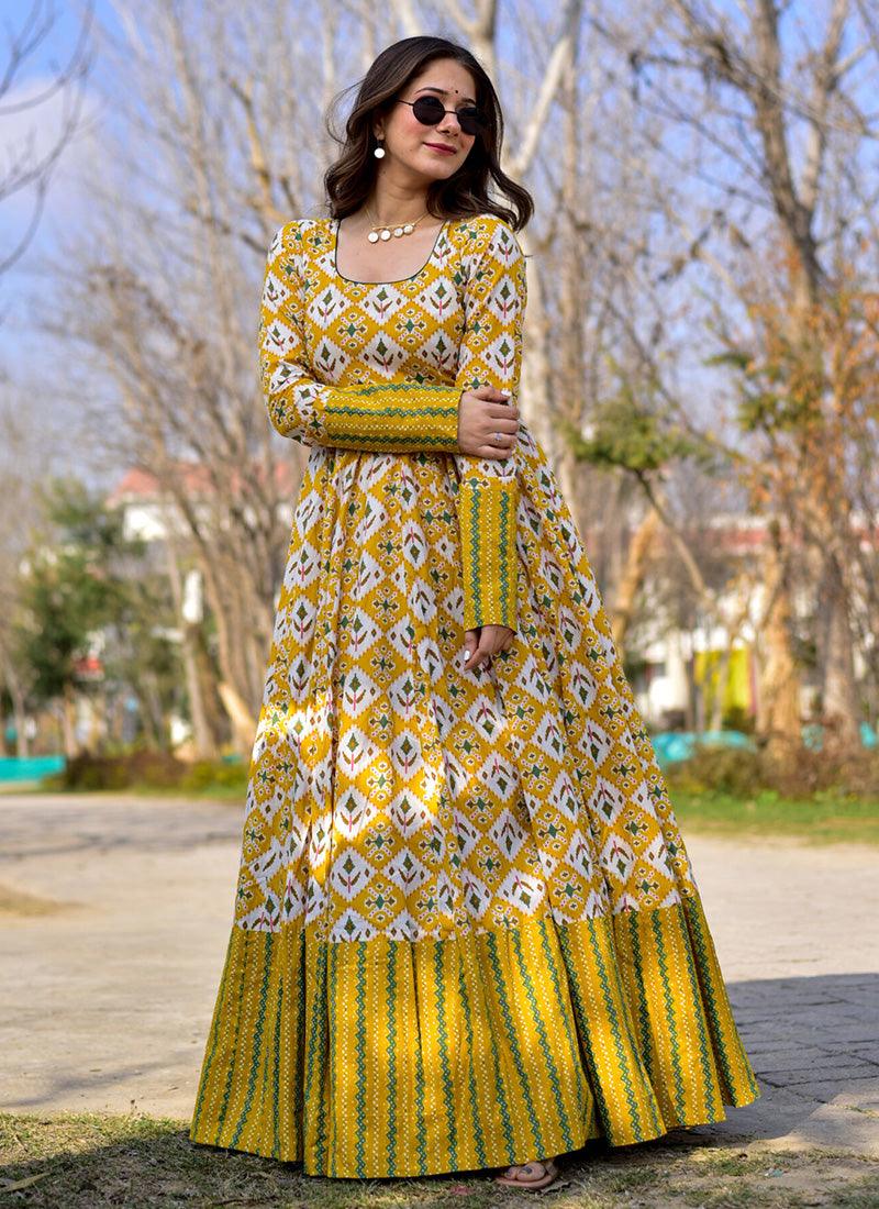 Attractive Yellow Color Muslin Base Digital Printed Gown With Full Sleeves Manchester Great Sale Online