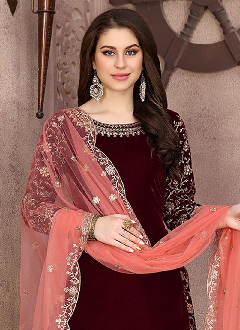 Maroon Velvet Embroidered Patiala Suit Comfortable Online