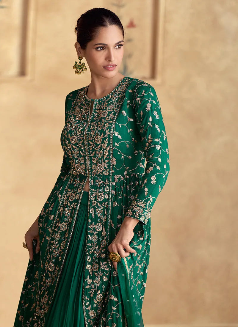 Formidable Dark Green Embroidered Anarkali Style Lehenga Cheap Low Shipping