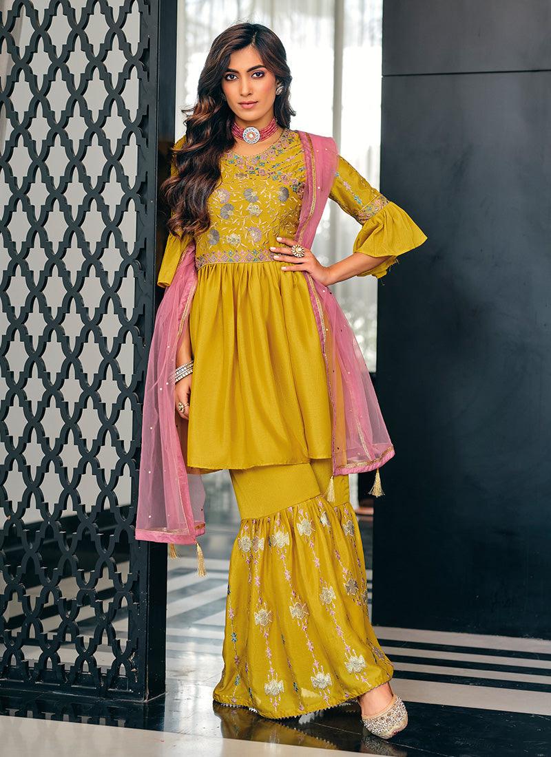 Heavy Embroidery And Sequins Work Mustard Festive Wear Sharara Suit Sale Finishline