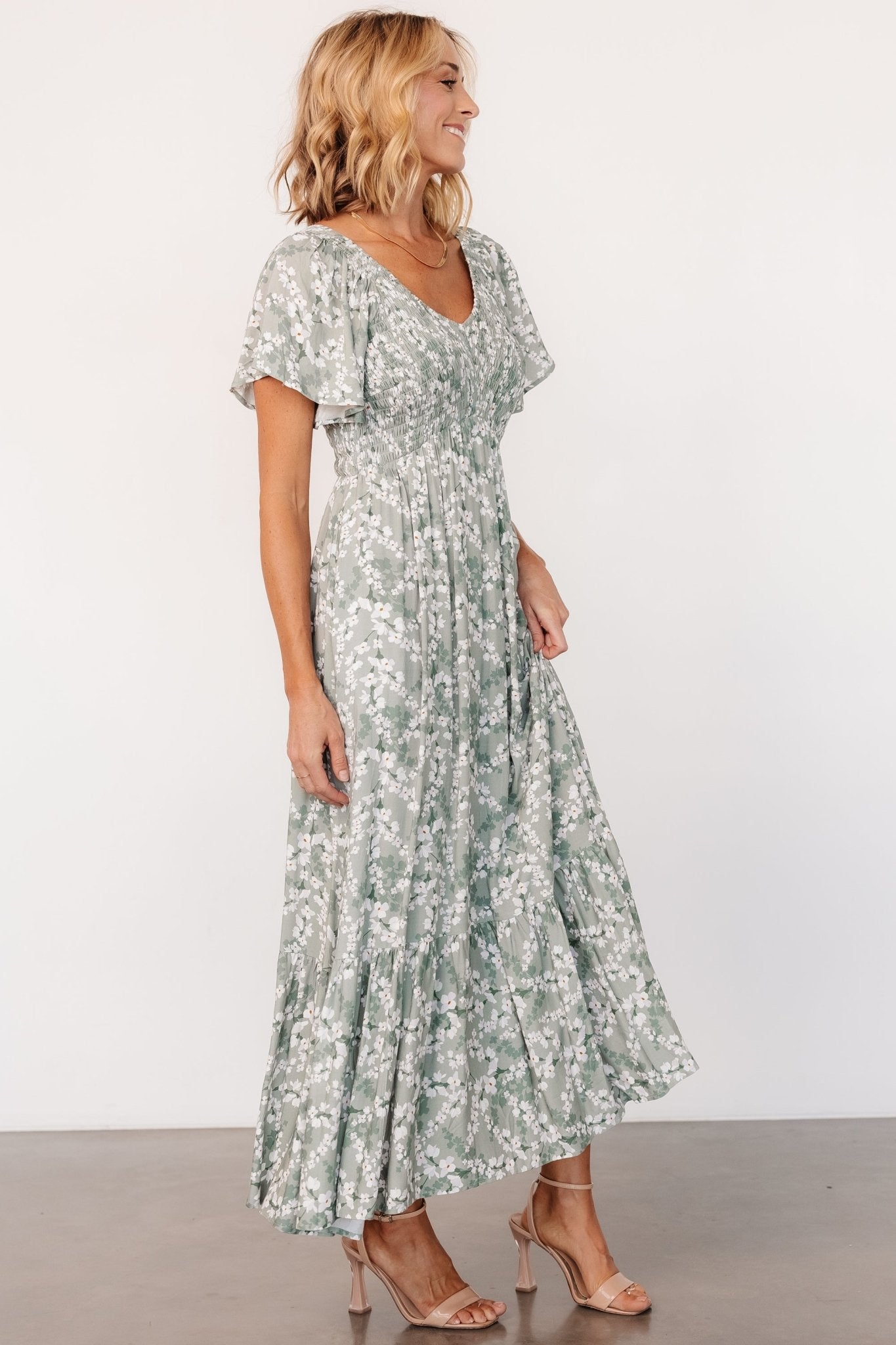 Joanie Smocked Dress | Sage + Off White Floral Clearance With Mastercard