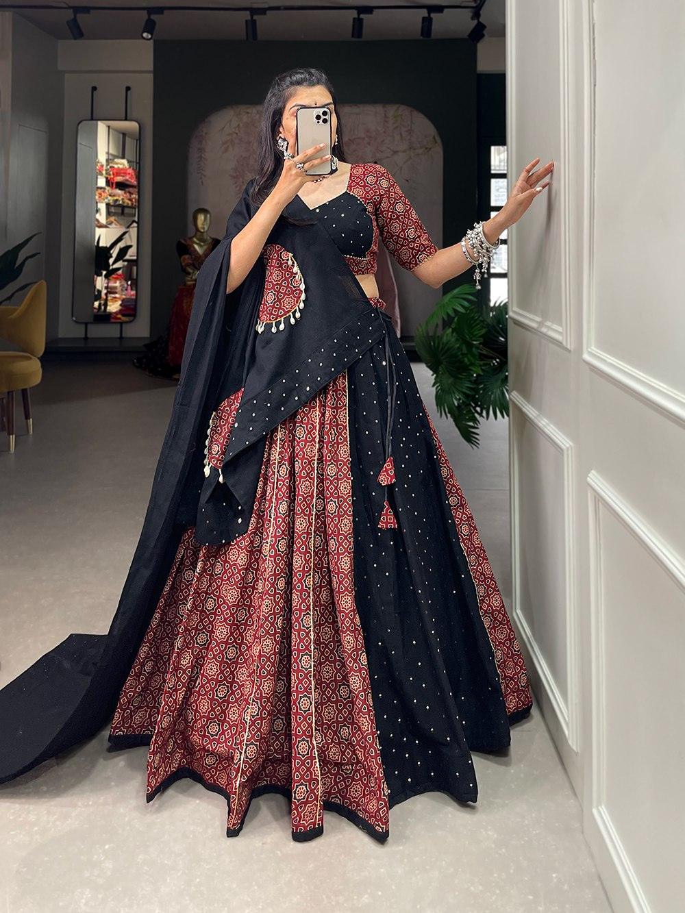 Maroon Black Printed Pure Cotton Mirror Lace Worked Navratri Lehenga Set Recommend Cheap Online