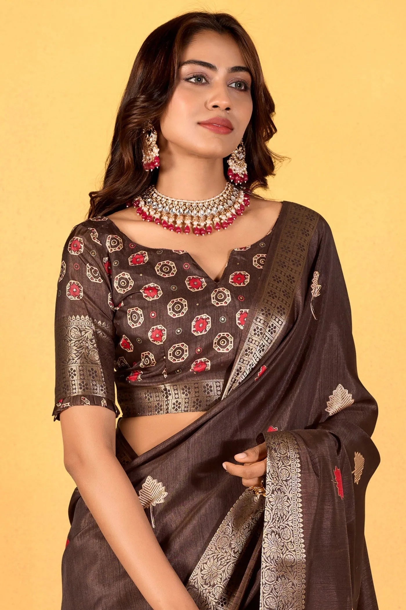 Dark Brown Soft Dola Silk Woven Worked Worked Classic Saree From China