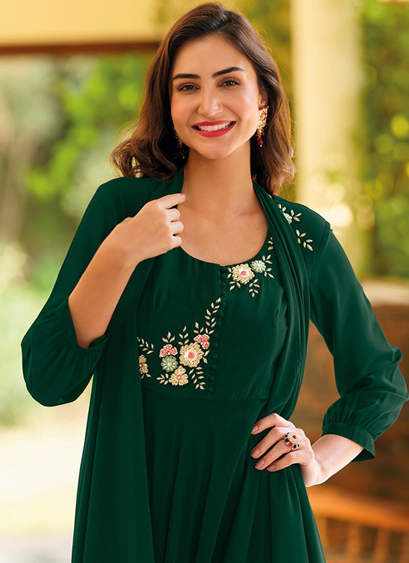 Hand Work Dark Green Georgette Kurti Discount Fast Delivery